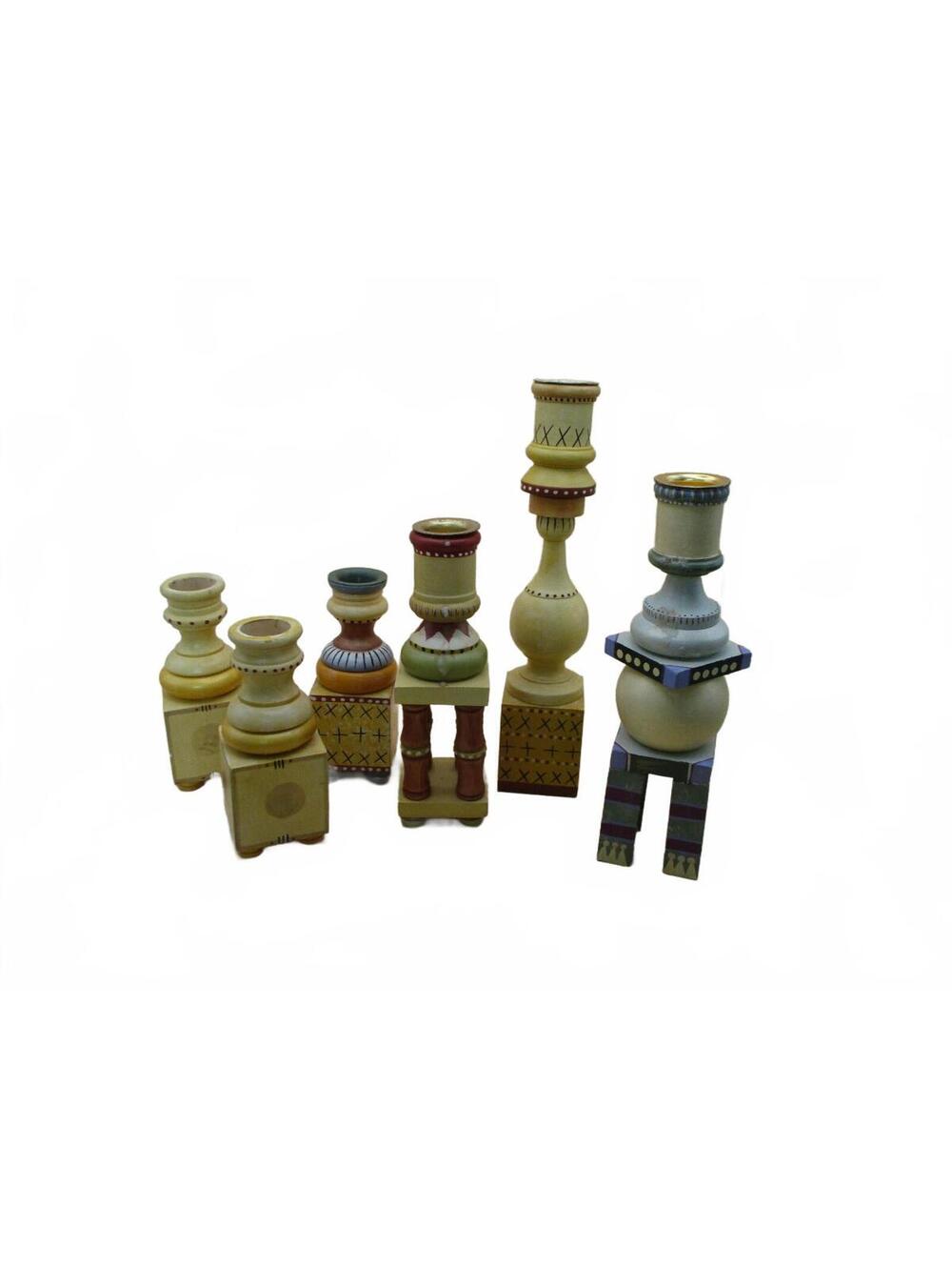 6 Vintage Hand Painted Wooden Candle Holders Totem Candlestick Set Folk Art MCM
